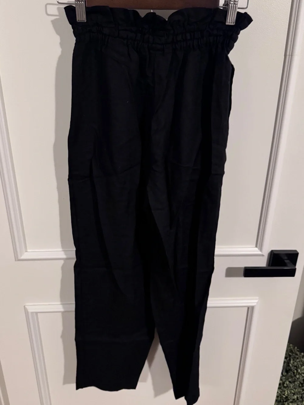 H&M Black High-Waist Paperbag Linen-Blend Pants